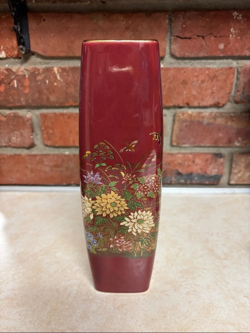 Made In Japan MCI Gilded Vase Burgundy With  Flowers/Birds/Butterflies